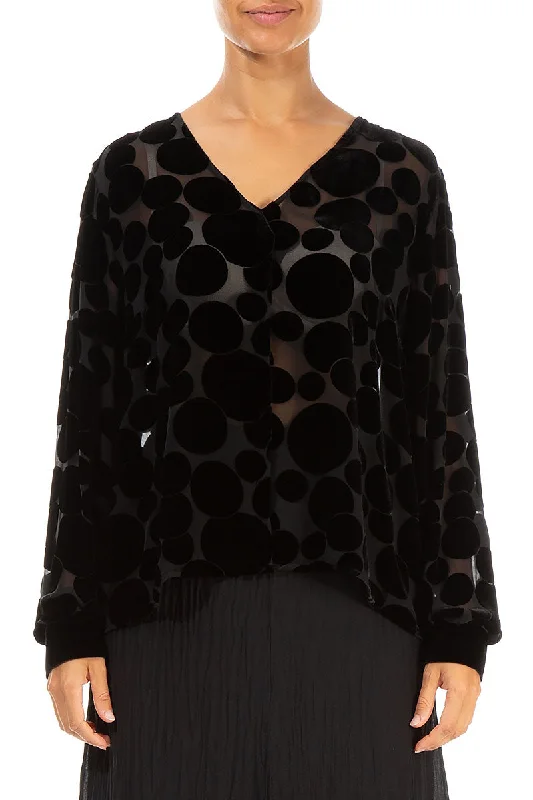 V-Neck Devoré Bubbles Black Silk Velvet Blouse Textured Cotton Blouse