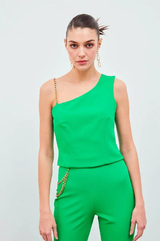 Chain Strap Detailed Crop Blouse - green Casual Relaxed Fit Blouse