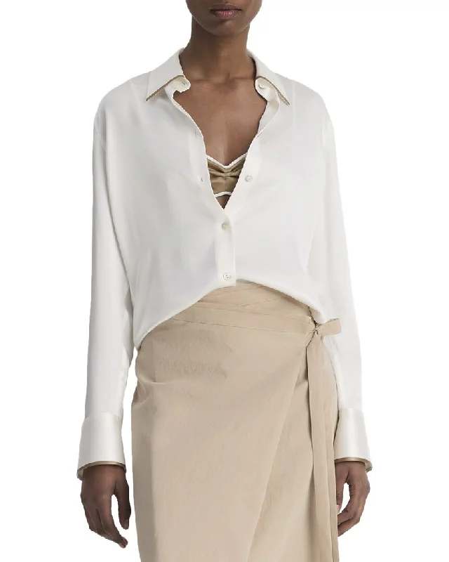 Vince Tipped Slim Silk Blouse Drape Neck Blouse