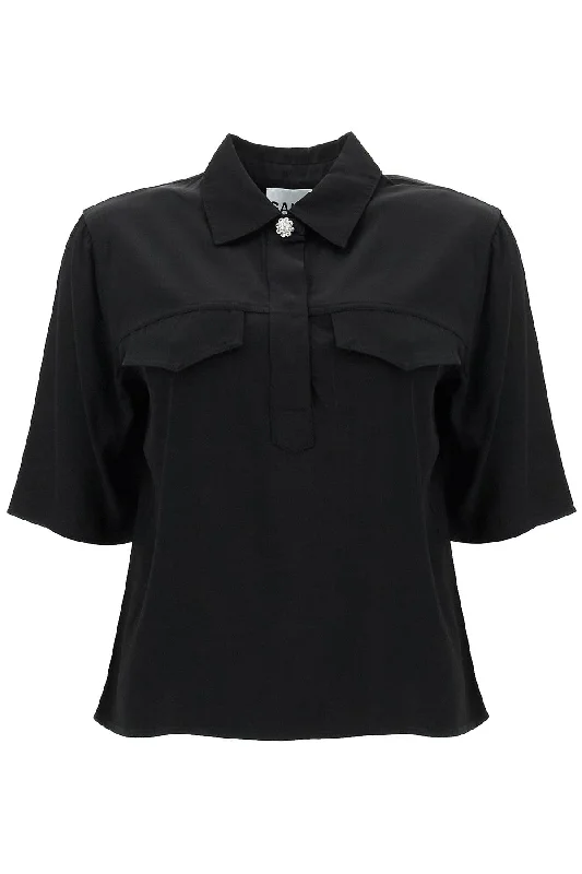 short-sleeved twill blouse for W0180 BLACK Classic Striped Blouse