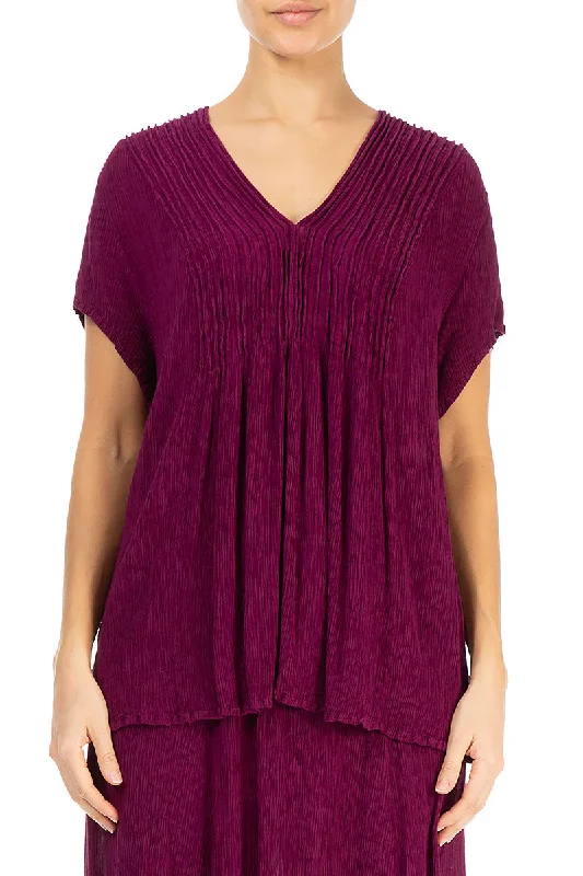 V-Neck Magenta Silk Viscose Blouse Ruched Sleeve Blouse