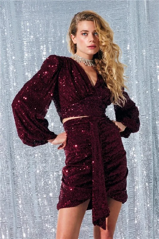 Double Breasted Sequined Wrap Crop Blouse - Red Floral Print Blouse