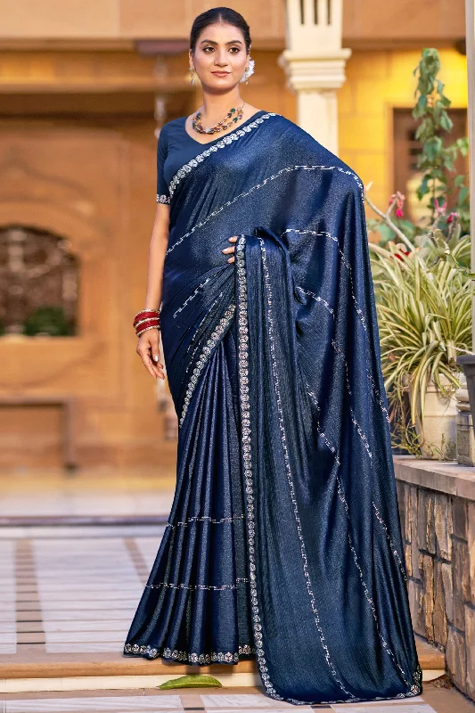 Graceful Navy Blue Chiffon Saree With Stylish Blouse Classic Minimalist Blouse