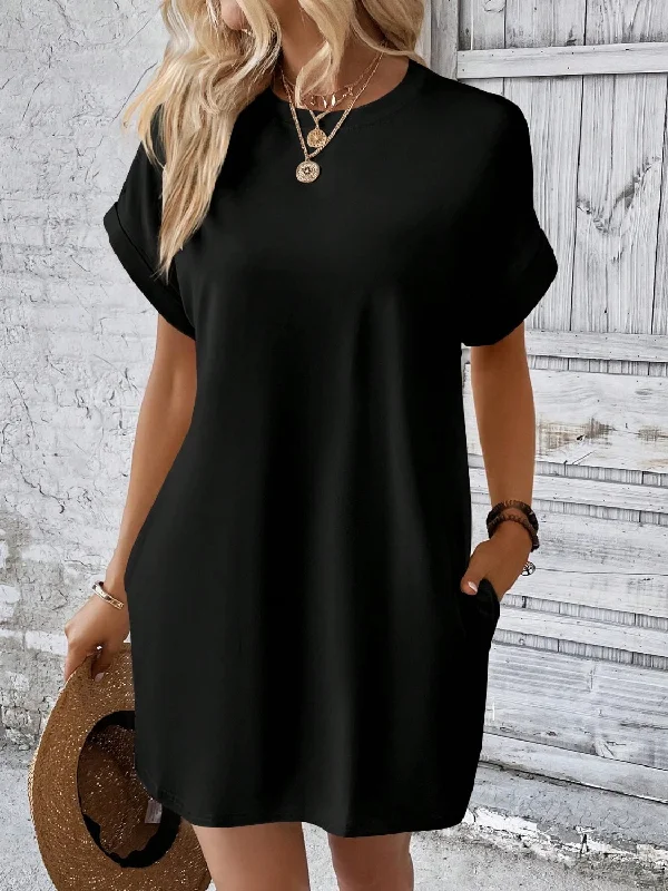 Round Neck Short Sleeve Mini Dress Trendy Crossover Mini Dress