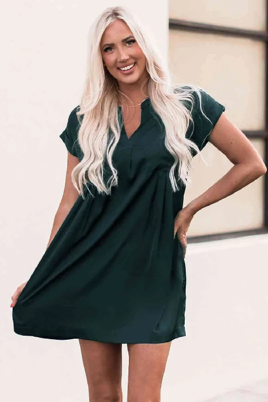 Notched Neck Cuffed Sleeve Mini Dress Trendy Camisole Mini Dress