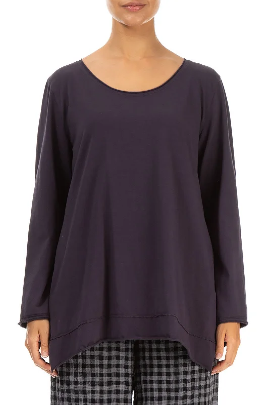 Asymmetric Hem Vintage Violet Cotton Blouse High Neck Blouse