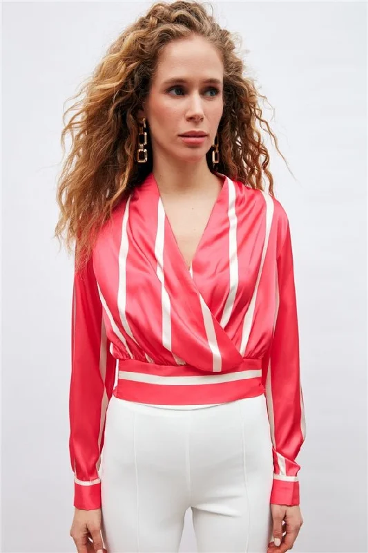 Double Breasted Wrap V-Neck Striped Crop Blouse - Fuchsia Soft Satin Blouse