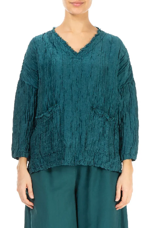 V-Neck Crinkled Emerald Silk Blouse Lightweight Chiffon Blouse
