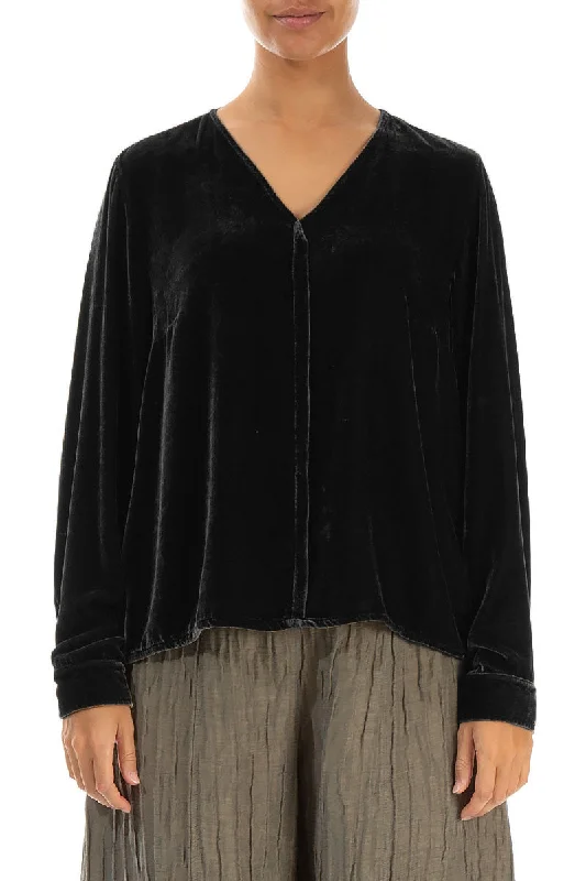 V-Neck Black Silk Velvet Blouse Satin Long Blouse