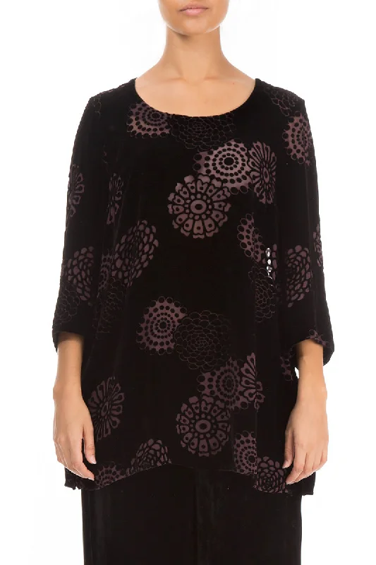 Loose Devoré Wine Silk Velvet Blouse Elegant Semi-Sheer Blouse