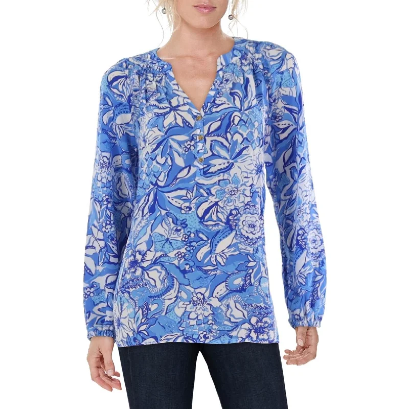 Womens Silk Floral Print Blouse Side Tie Blouse