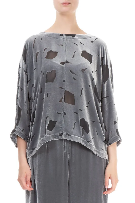 Short Abstract Devoré Silver Silk Velvet Blouse Balloon Sleeve Blouse