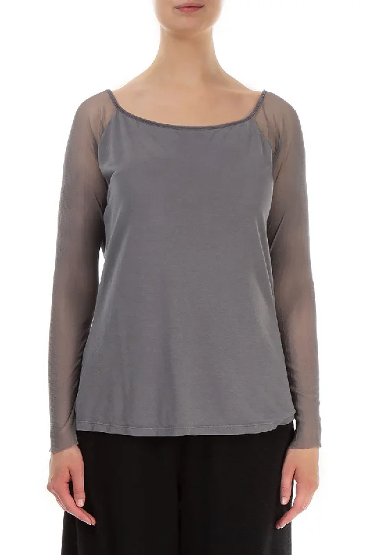 Long Tulle Sleeves Iron Silk Blouse Silky Draped Blouse