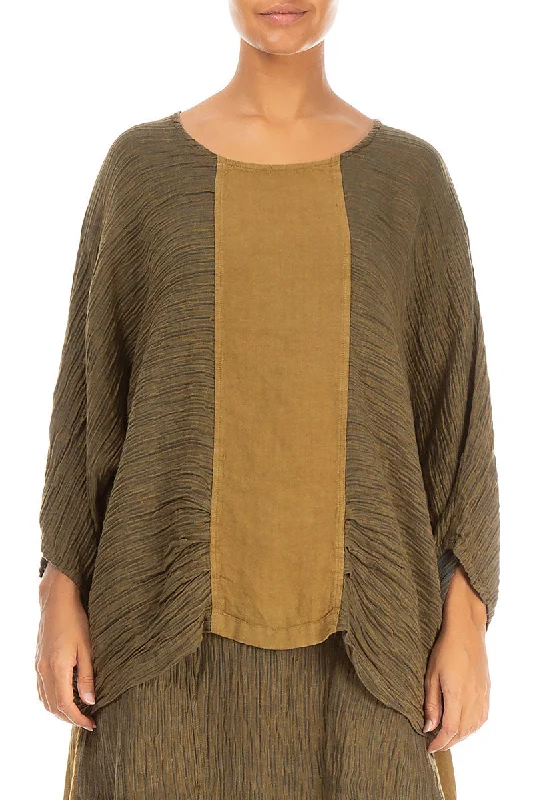 Crinkled Mustard Khaki Silk Blouse Backless Summer Blouse