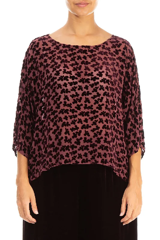 Boxy Devoré Petals Maroon Silk Velvet Blouse Feminine Ruffle Blouse