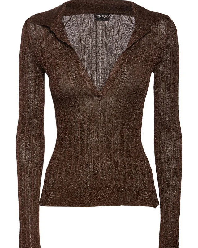 Tom Ford Womens Long Sleeve Lurex Knit Blouse In Brown Satin Bow Blouse