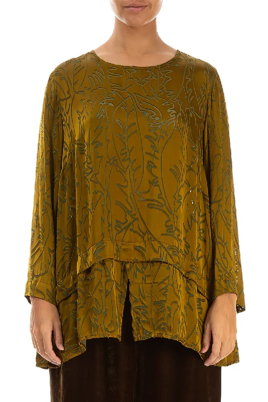 Golden Olive Devoré Feather Silk Blouse Sweetheart Neck Blouse