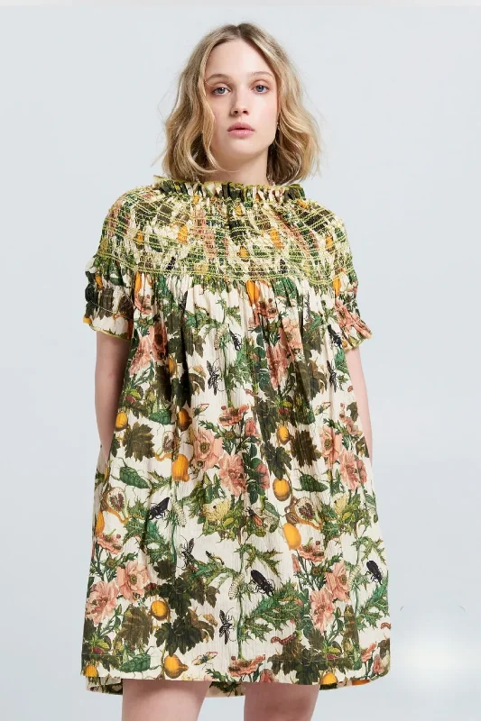 Karen Walker Gaia Smocked Mini Dress - Macadamia/Green Chic Pleated Mini Dress