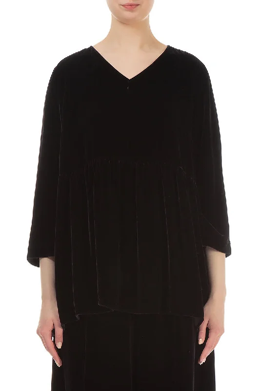 Flared V-Neck Grey Silk Velvet Blouse Polished Work Blouse