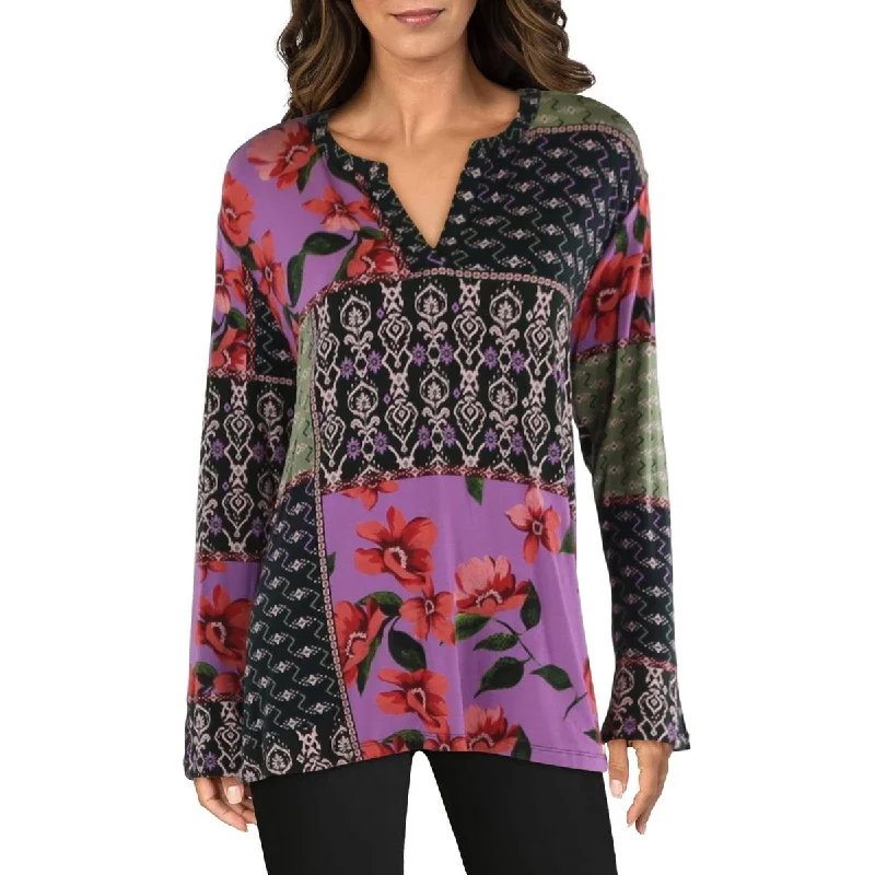 Plus Womens Floral Print Patchwork Blouse Drape Neck Blouse