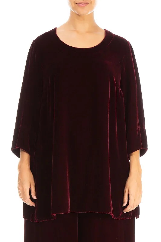 Loose Claret Silk Velvet Blouse Short Sleeve Blouse
