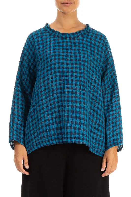 Boxy Blue Check Linen Blouse Delicate Pleat Blouse