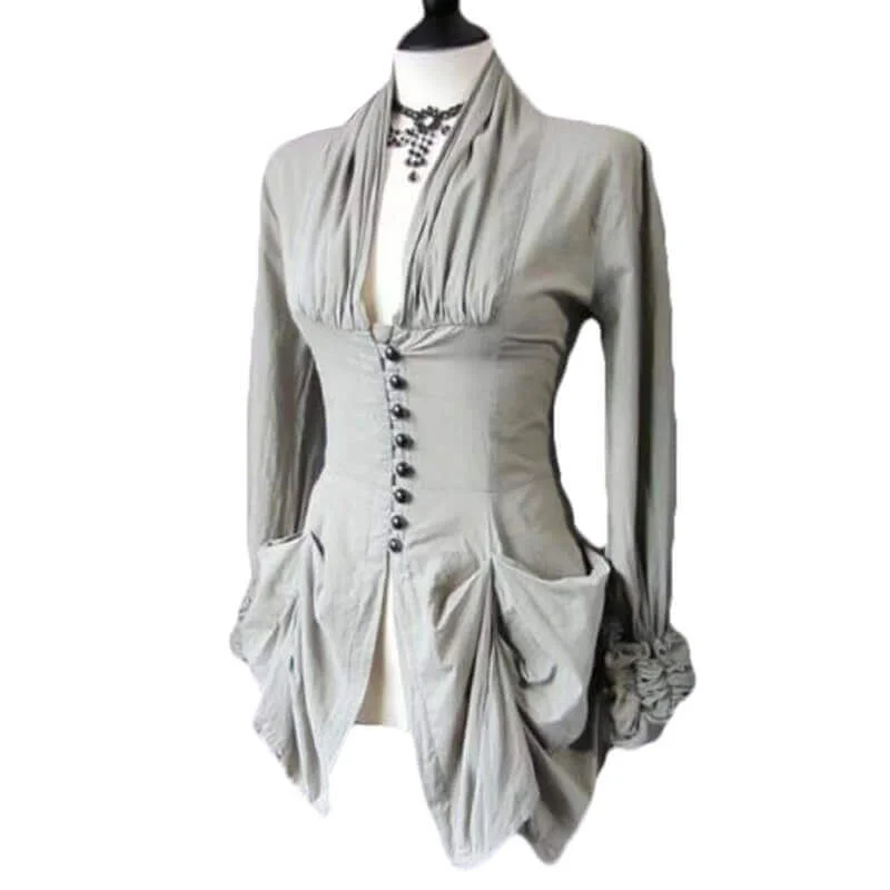 Medieval Victorian Ruffle V-Neck Corset Blouse Cotton Casual Blouse