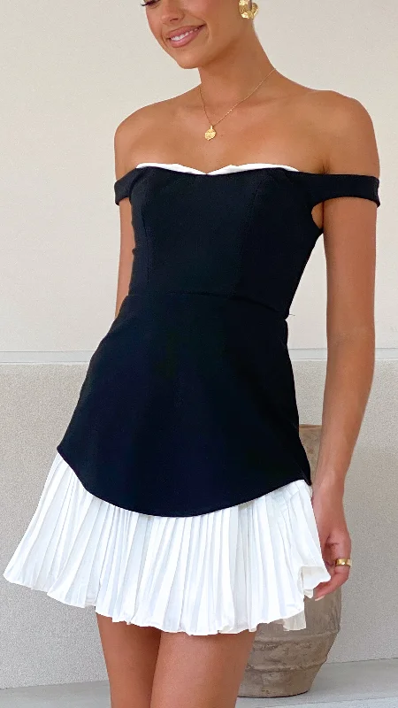 Talmai Mini Dress - Black / White Stylish Sweetheart Neck Mini Dress