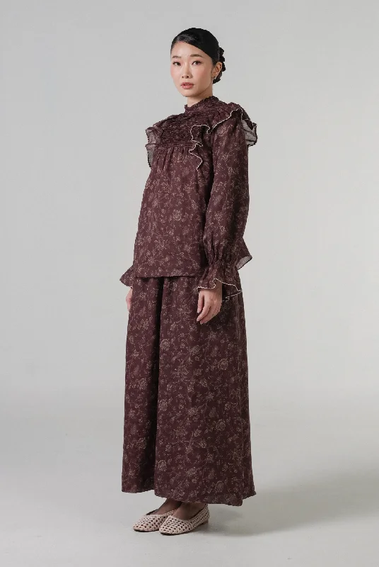 Ruffled Ramie Blouse in Burgundy Soft Satin Blouse