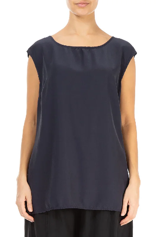 Boxy Slate Blue Silk Bamboo Blouse Lightweight Linen Blouse