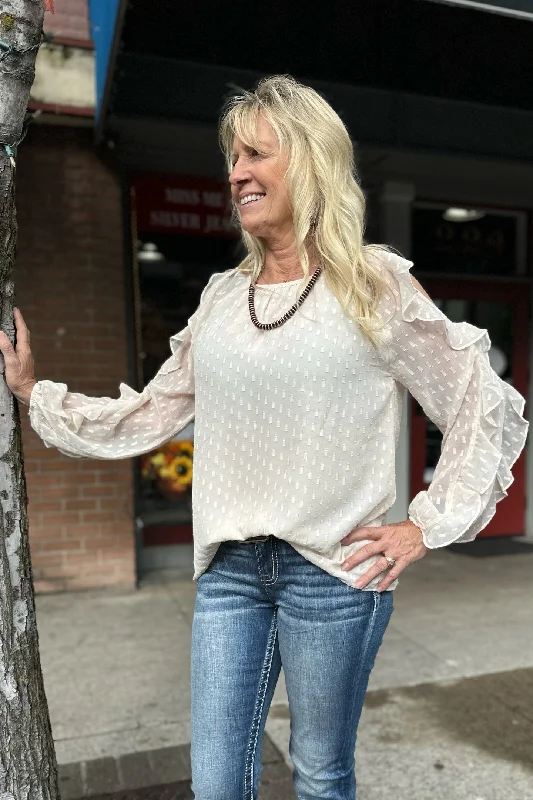 Ruffled Champagne Cold Shoulder Blouse Elegant Embroidery Blouse