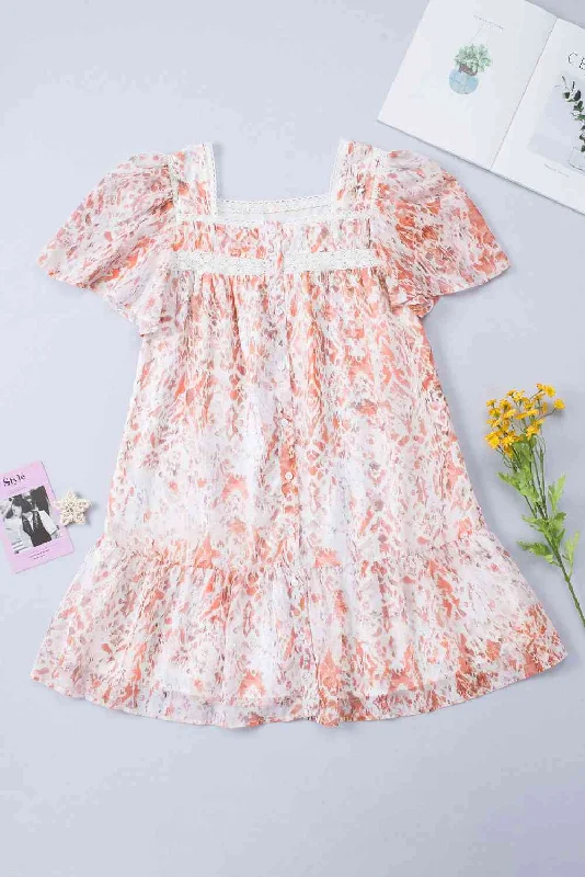 Spliced Lace Buttoned Square Neck Puff Sleeve Mini Dress Chic Tropical Mini Dress