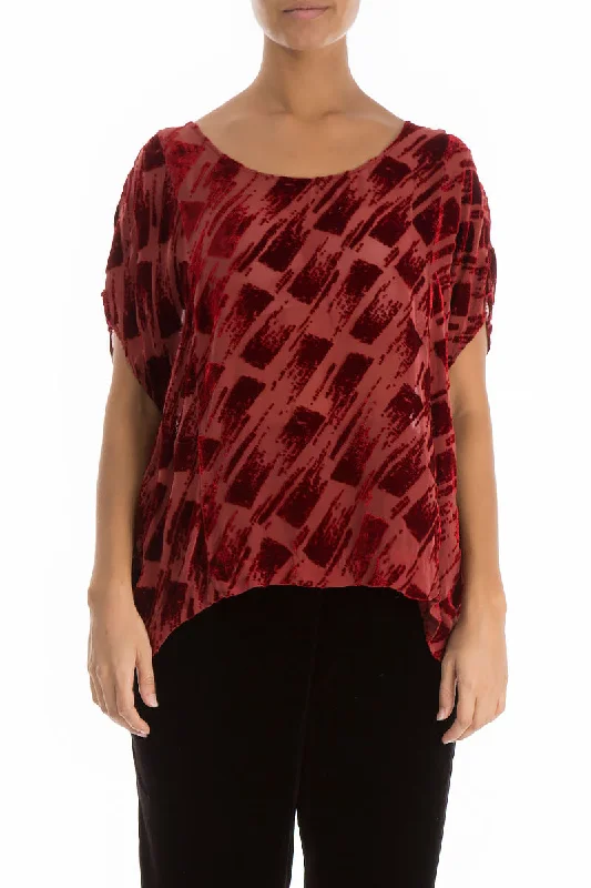Boxy Devoré Rose Red Silk Velvet Blouse Boho Chic Blouse