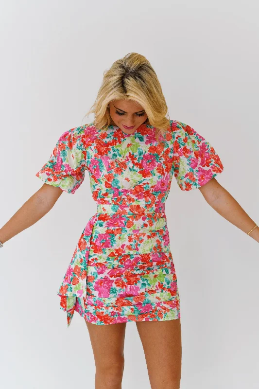 Shelby Ruched Puff Sleeve Floral Mini Dress - Red Multi Trendy Wraparound Mini Dress