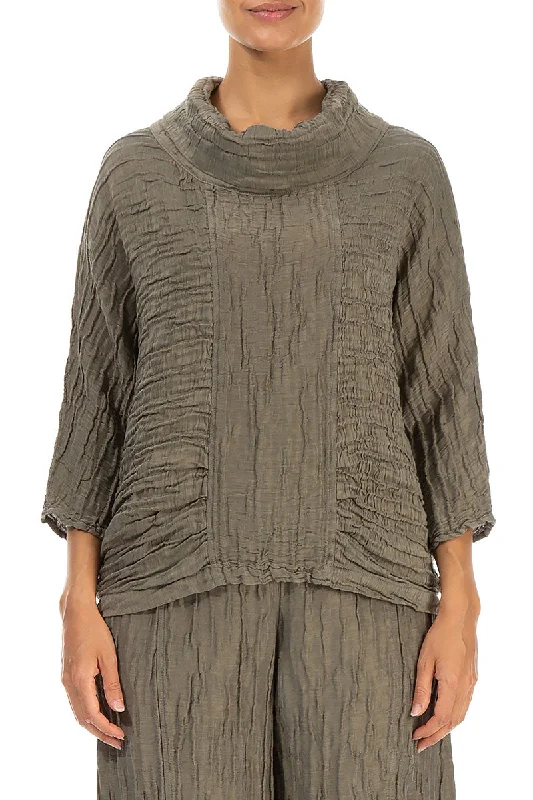 Cowl Neck Crinkled Silver Sage Silk Blouse Asymmetric Hem Blouse
