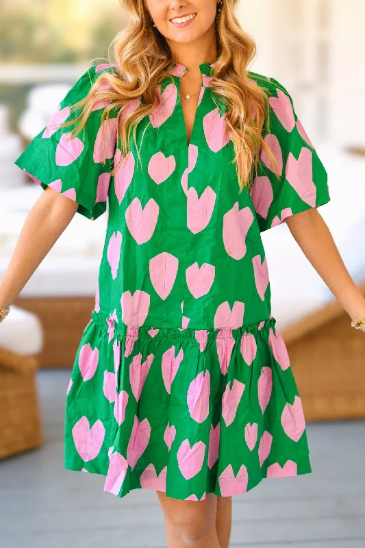 Kennedy Heart Print Mini Dress - Green/Pink Classic Shift Mini Dress