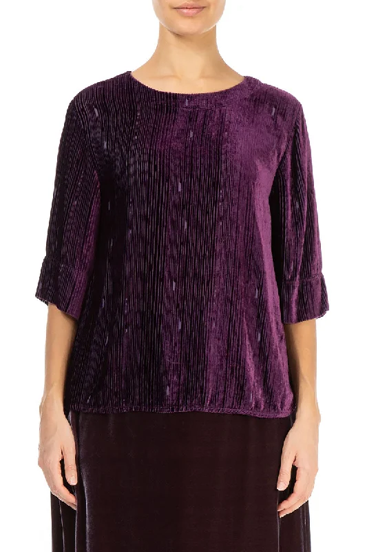 Back Ribbon Devoré Stripes Aubergine Silk Velvet Blouse Boho Chic Blouse
