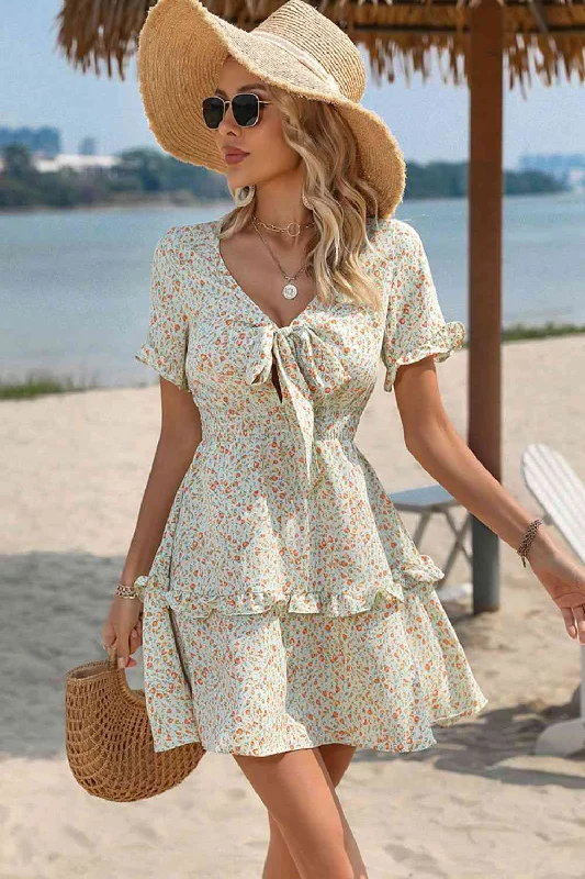 Floral Tie Front V-Neck Mini Dress Chic Bohemian Mini Dress