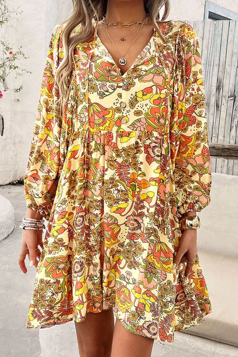 Printed Tie Neck Balloon Sleeve Mini Dress Cozy Ribbed Mini Dress