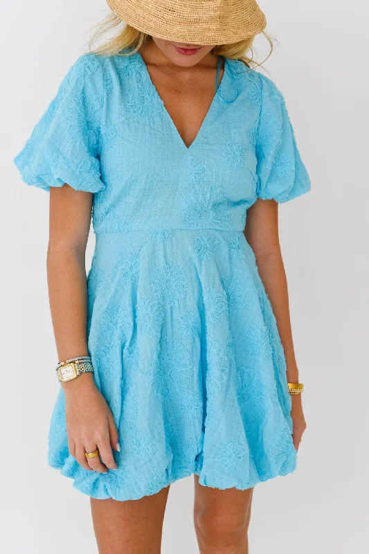 Emily Puff Sleeve Bubble Mini Dress-Sky Blue Chic Mini Dress with V-Neck