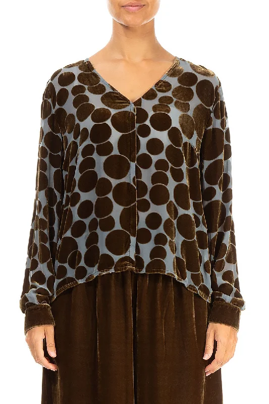 V-Neck Devoré Bubbles Golden Sage Silk Velvet Blouse Oversized Silk Blouse