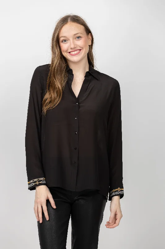 L'AGENCE Gio Long Sleeve Blouse in Black/Camel Buckle Scarf Soft Knit Blouse
