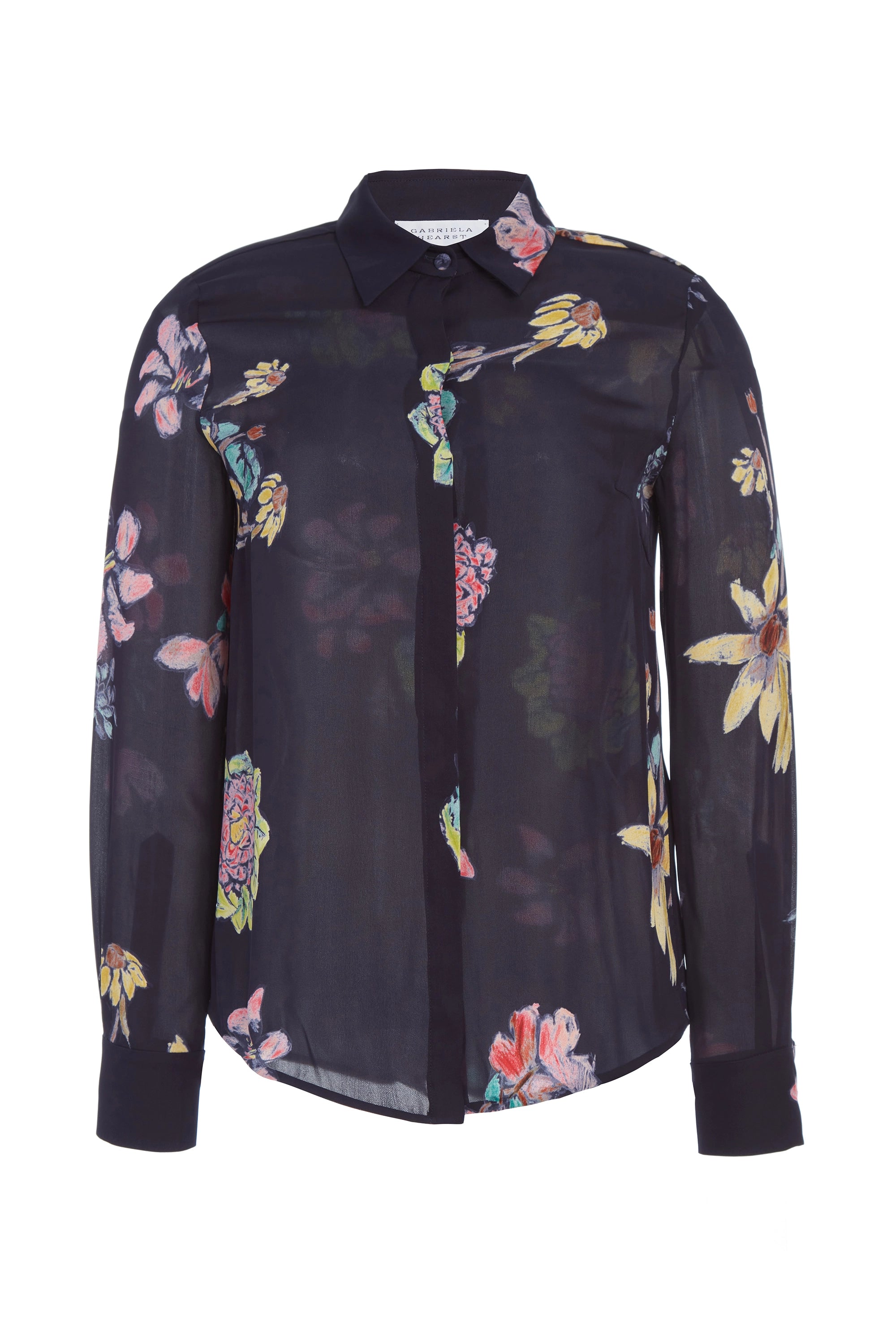 Henri Blouse in Dark Navy Multi Printed Silk Georgette Ruffled Neck Blouse
