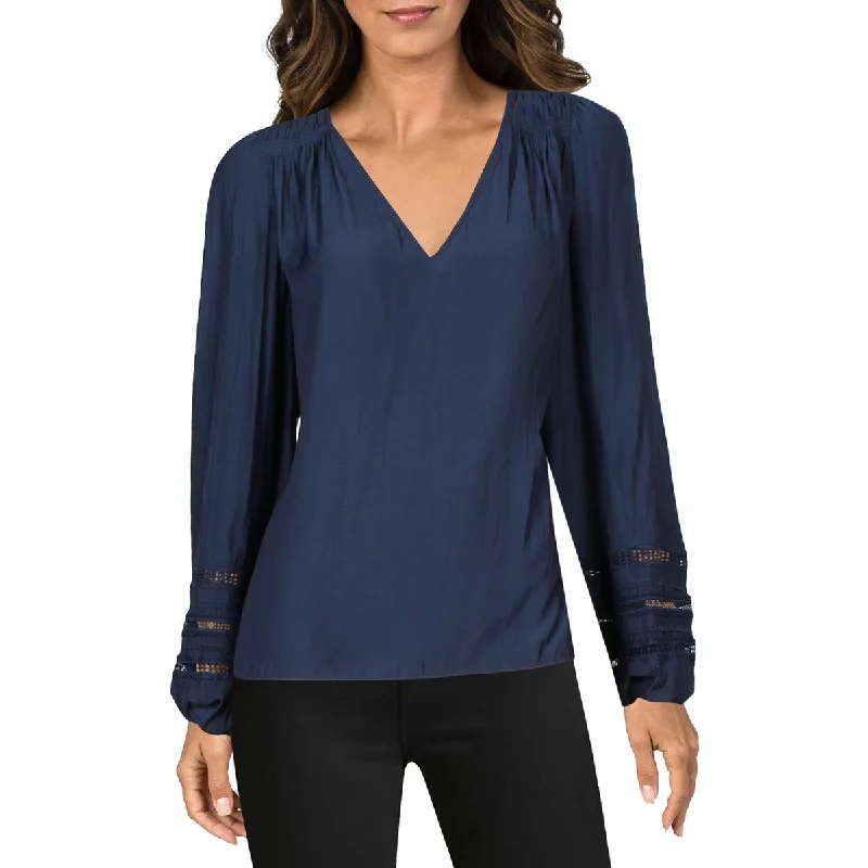Selma Womens Lace Inset V-Neck Blouse Balloon Sleeve Blouse
