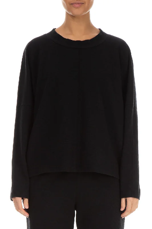 Boxy Black Rib Cotton Wool Blouse Chic Off-Shoulder Blouse