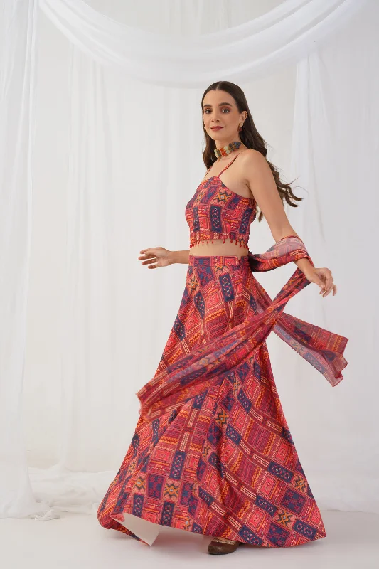 Red Printed Beads & Stones Ready To Wear Lehenga & Blouse With Dupatta - Rasiya Mandarin Collar Blouse