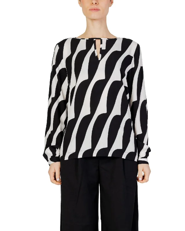 Street One  Women's Long Sleeve Black and White Printed Blouse Subtle Shimmer Blouse