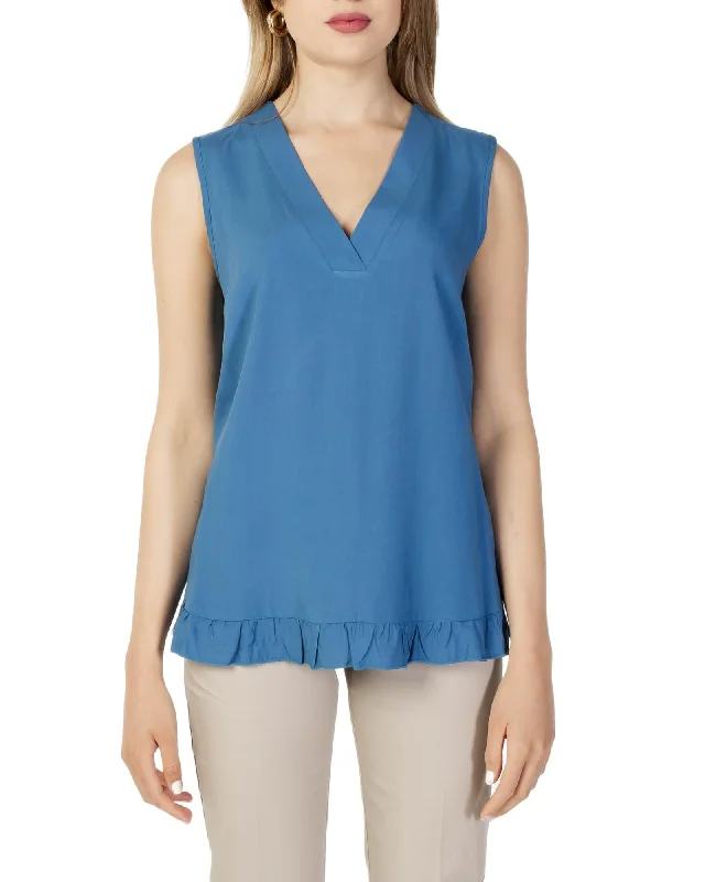 Sandro Ferrone  Womens Sleeveless VNeck Blouse with Ruffle Trim Casual Button Blouse