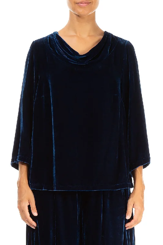 Cowl Neck Azure Silk Velvet Blouse Soft Knit Blouse