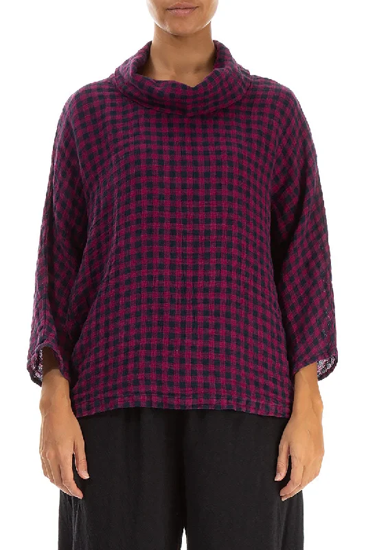Cowl Neck Magenta Check Linen Blouse Versatile Layering Blouse